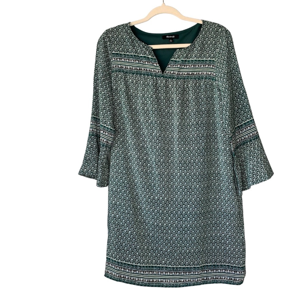 Madewell Starland bell slv floral shift green, gray & black silk‎ dress. Size M